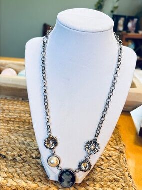 Vintage Style Inspired Silver Cameo & Pearl Pendant Necklace by Longevity
